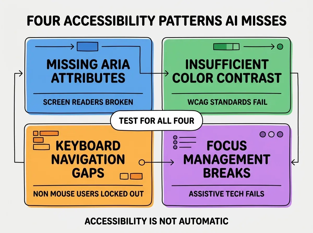 EXPLAINER DIAGRAM titled FOUR ACCESSIBILITY PATTERNS AI MISSES shown as a 2x2 grid of quadrants on a slate background. Top left blue MISSING ARIA ATTRIBUTES sublabel SCREEN READERS BROKEN. Top right green INSUFFICIENT COLOR CONTRAST sublabel WCAG STANDARDS FAIL. Bottom left orange KEYBOARD NAVIGATION GAPS sublabel NON MOUSE USERS LOCKED OUT. Bottom right purple FOCUS MANAGEMENT BREAKS sublabel ASSISTIVE TECH FAILS. Center label TEST FOR ALL FOUR. Footer reads ACCESSIBILITY IS NOT AUTOMATIC.