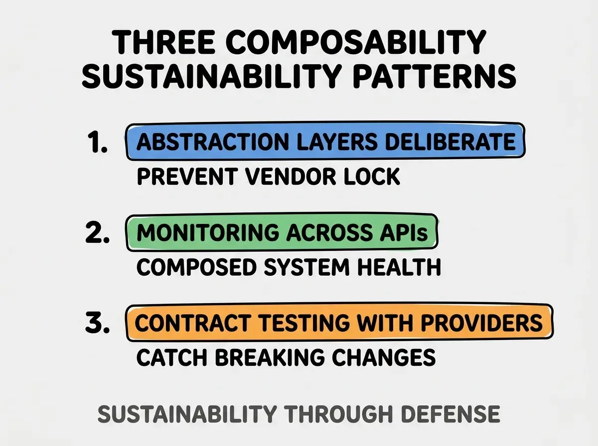Clean modern flat infographic on light gray background. Top title bold black: THREE COMPOSABILITY SUSTAINABILITY PATTERNS. Single vertical numbered list with three rows. Row 1 blue badge ABSTRACTION LAYERS DELIBERATE with subtitle PREVENT VENDOR LOCK. Row 2 green badge MONITORING ACROSS APIS with subtitle COMPOSED SYSTEM HEALTH. Row 3 orange badge CONTRACT TESTING WITH PROVIDERS with subtitle CATCH BREAKING CHANGES. Footer text dark gray: SUSTAINABILITY THROUGH DEFENSE. Each label appears exactly once. No duplicated text.