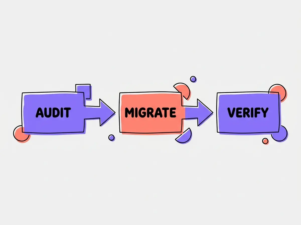 Three boxes in a row connected by arrows. Exact labels AUDIT, MIGRATE, VERIFY. No other text. No filenames. Violet and coral.