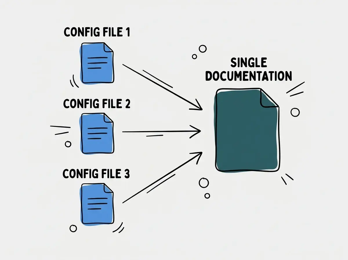 EXPLAINER DIAGRAM: Three separate configuration files pointing to a single markdown documentation file
