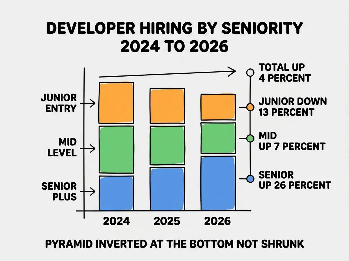 EXPLAINER DIAGRAM titled DEVELOPER HIRING BY SENIORITY 2024 TO 2026 shown as a stacked bar chart on a slate background. Three vertical bars labeled 2024, 2025, 2026 along the X axis. Each bar has three colored stacked segments. Bottom segment in blue labeled SENIOR PLUS grows substantially across years from short to tallest. Middle segment in green labeled MID LEVEL stable across all three years. Top segment in orange labeled JUNIOR ENTRY shrinks substantially across years from tallest to shortest. Right side annotations TOTAL UP 4 PERCENT, JUNIOR DOWN 13 PERCENT, MID UP 7 PERCENT, SENIOR UP 26 PERCENT. Footer reads PYRAMID INVERTED AT THE BOTTOM, NOT SHRUNK.
