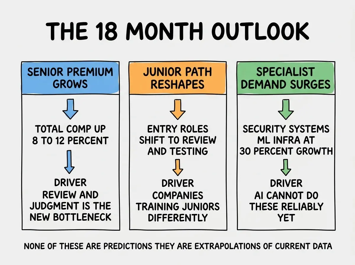 EXPLAINER DIAGRAM titled THE 18 MONTH OUTLOOK shown as a horizontal three-panel forecast on a slate background. Panel 1 colored blue header SENIOR PREMIUM GROWS, sublabel TOTAL COMP FOR SENIOR ENGINEERS UP 8 TO 12 PERCENT, driver REVIEW AND JUDGMENT IS THE NEW BOTTLENECK. Panel 2 colored orange header JUNIOR PATH RESHAPES, sublabel ENTRY ROLES SHIFT TO REVIEW AND TESTING, driver COMPANIES TRAINING JUNIORS DIFFERENTLY. Panel 3 colored green header SPECIALIST DEMAND SURGES, sublabel SECURITY SYSTEMS ML INFRA AT 30 PERCENT GROWTH, driver AI CANNOT DO THESE RELIABLY YET. Footer reads NONE OF THESE ARE PREDICTIONS THEY ARE EXTRAPOLATIONS OF CURRENT DATA.