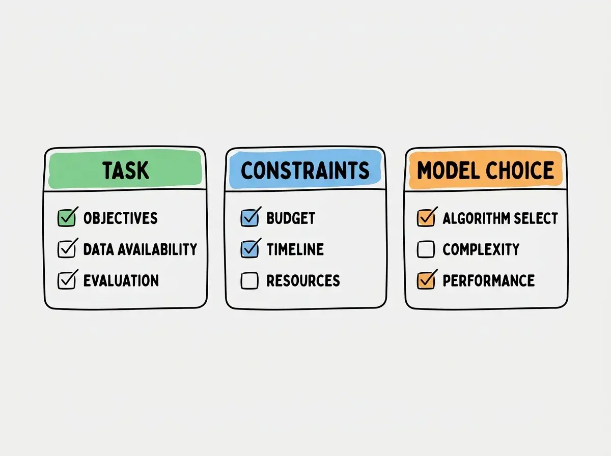 Three checklist cards labeled TASK, CONSTRAINTS, MODEL CHOICE. Each appears exactly once. No arrows or feedback loops. No additional cards.