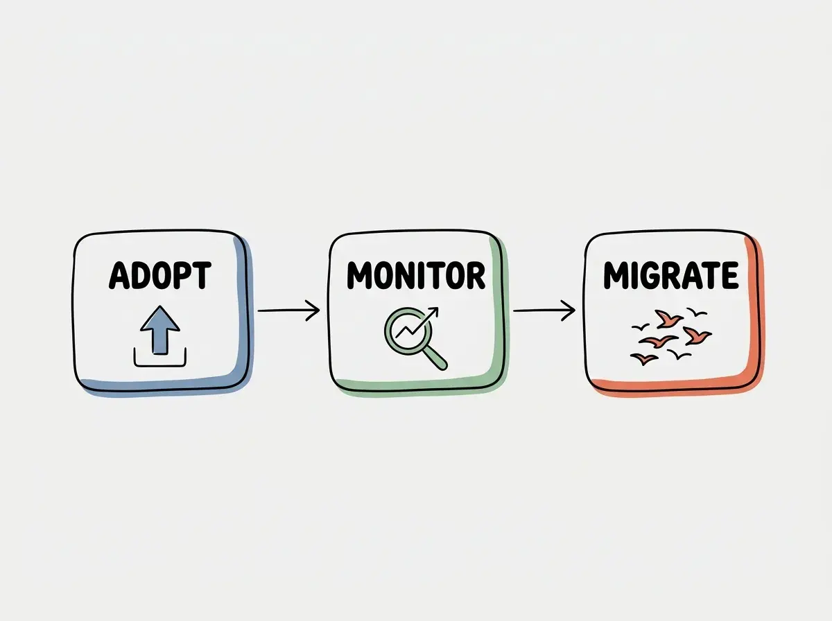 Simple conceptual diagram with separate boxes labeled ADOPT, MONITOR, MIGRATE. Use exactly these labels and no other text. No statistics, numbers, code, or rankings.