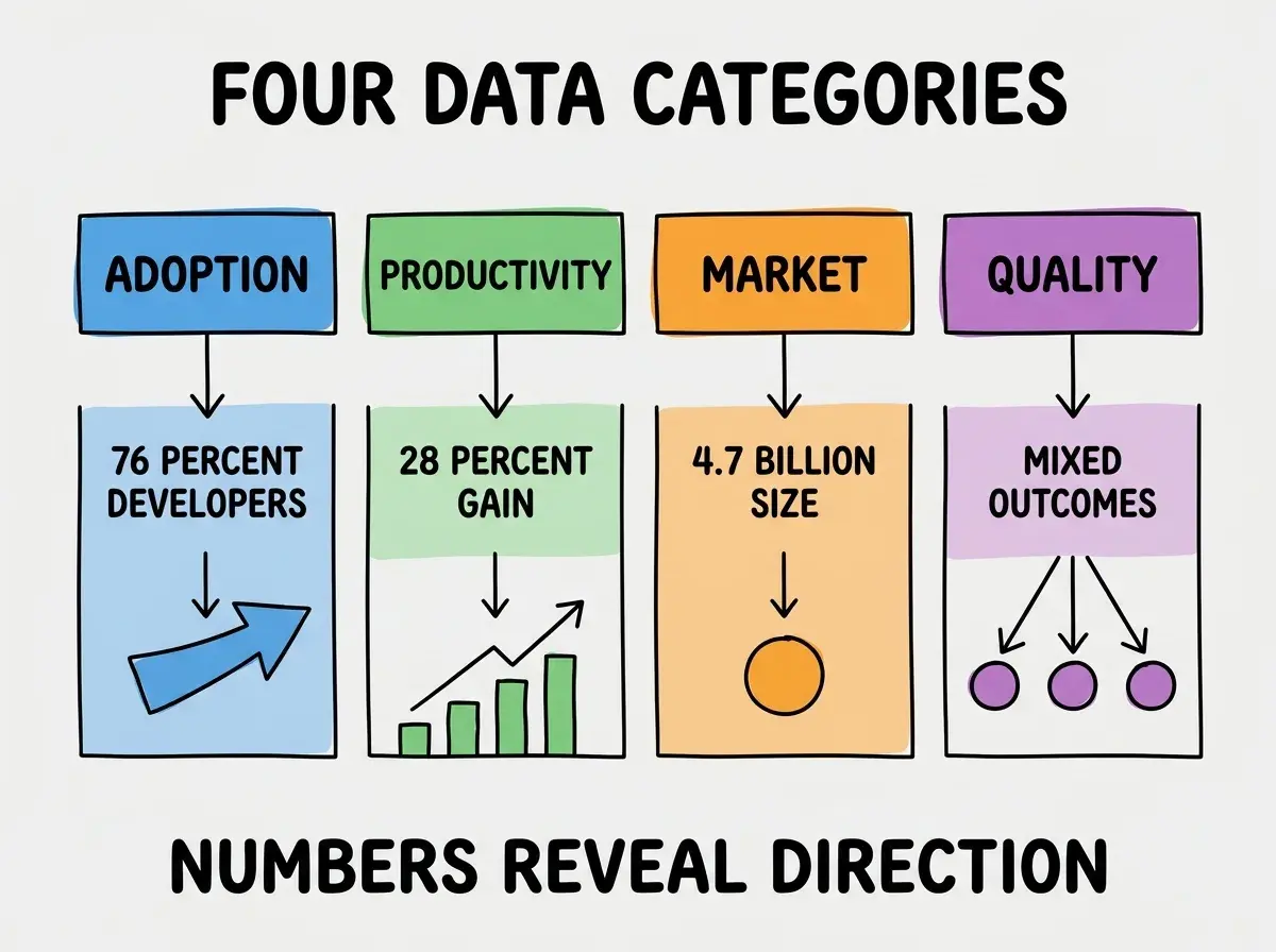 EXPLAINER DIAGRAM titled FOUR DATA CATEGORIES shown as a horizontal four-column chart on a slate background. Column 1 colored blue ADOPTION label 76 PERCENT DEVELOPERS. Column 2 colored green PRODUCTIVITY label 28 PERCENT GAIN. Column 3 colored orange MARKET label 4.7 BILLION SIZE. Column 4 colored purple QUALITY label MIXED OUTCOMES. Footer reads NUMBERS REVEAL DIRECTION.