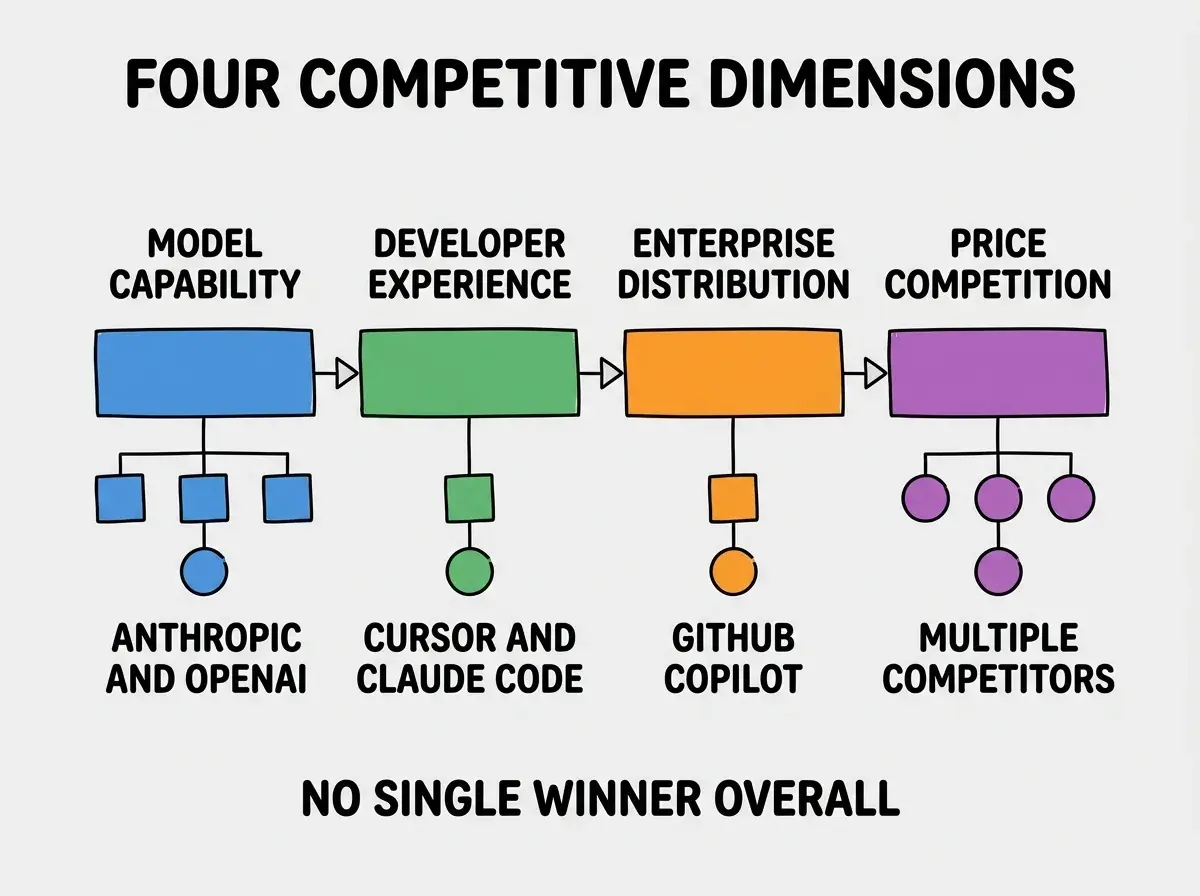 EXPLAINER DIAGRAM titled FOUR COMPETITIVE DIMENSIONS shown as a horizontal four-column chart on a slate background. Column 1 colored blue MODEL CAPABILITY label ANTHROPIC AND OPENAI. Column 2 colored green DEVELOPER EXPERIENCE label CURSOR AND CLAUDE CODE. Column 3 colored orange ENTERPRISE DISTRIBUTION label GITHUB COPILOT. Column 4 colored purple PRICE COMPETITION label MULTIPLE COMPETITORS. Footer reads NO SINGLE WINNER OVERALL.