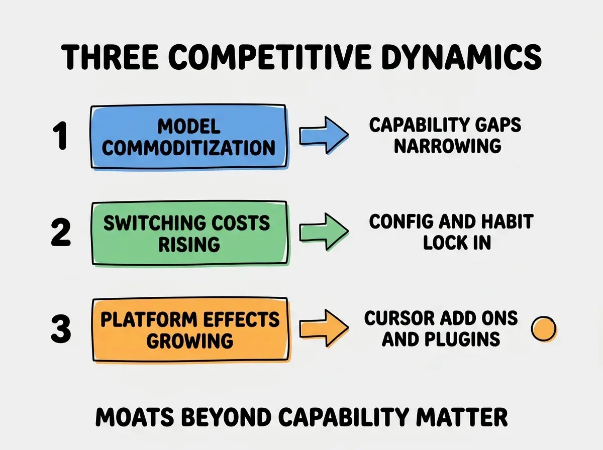 EXPLAINER DIAGRAM titled THREE COMPETITIVE DYNAMICS shown as a vertical numbered list on a slate background. Three rows. Row 1 blue badge MODEL COMMODITIZATION sublabel CAPABILITY GAPS NARROWING. Row 2 green badge SWITCHING COSTS RISING sublabel CONFIG AND HABIT LOCK IN. Row 3 orange badge PLATFORM EFFECTS GROWING sublabel CURSOR ADD ONS AND PLUGINS. Footer reads MOATS BEYOND CAPABILITY MATTER. CRITICAL: each label appears only ONCE.
