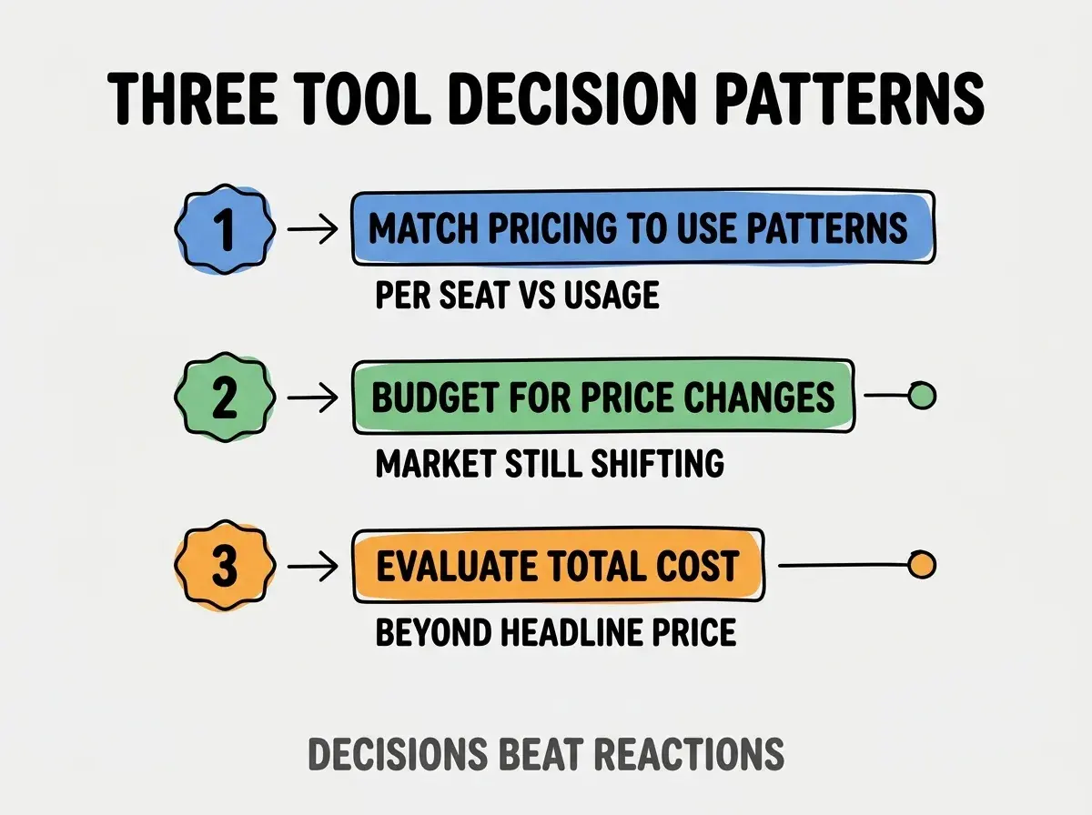 Clean modern flat infographic on light gray background. Top title bold black: THREE TOOL DECISION PATTERNS. Single vertical numbered list with three rows. Row 1 blue badge MATCH PRICING TO USE PATTERNS with subtitle PER SEAT VS USAGE. Row 2 green badge BUDGET FOR PRICE CHANGES with subtitle MARKET STILL SHIFTING. Row 3 orange badge EVALUATE TOTAL COST with subtitle BEYOND HEADLINE PRICE. Footer text dark gray: DECISIONS BEAT REACTIONS. Each label appears exactly once. No duplicated text.