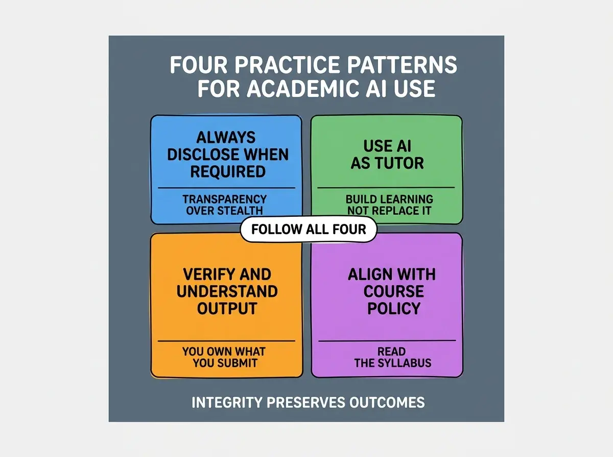 EXPLAINER DIAGRAM titled FOUR PRACTICE PATTERNS FOR ACADEMIC AI USE shown as a 2x2 grid of quadrants on a slate background. Top left blue ALWAYS DISCLOSE WHEN REQUIRED sublabel TRANSPARENCY OVER STEALTH. Top right green USE AI AS TUTOR sublabel BUILD LEARNING NOT REPLACE IT. Bottom left orange VERIFY AND UNDERSTAND OUTPUT sublabel YOU OWN WHAT YOU SUBMIT. Bottom right purple ALIGN WITH COURSE POLICY sublabel READ THE SYLLABUS. Center label FOLLOW ALL FOUR. Footer reads INTEGRITY PRESERVES OUTCOMES.