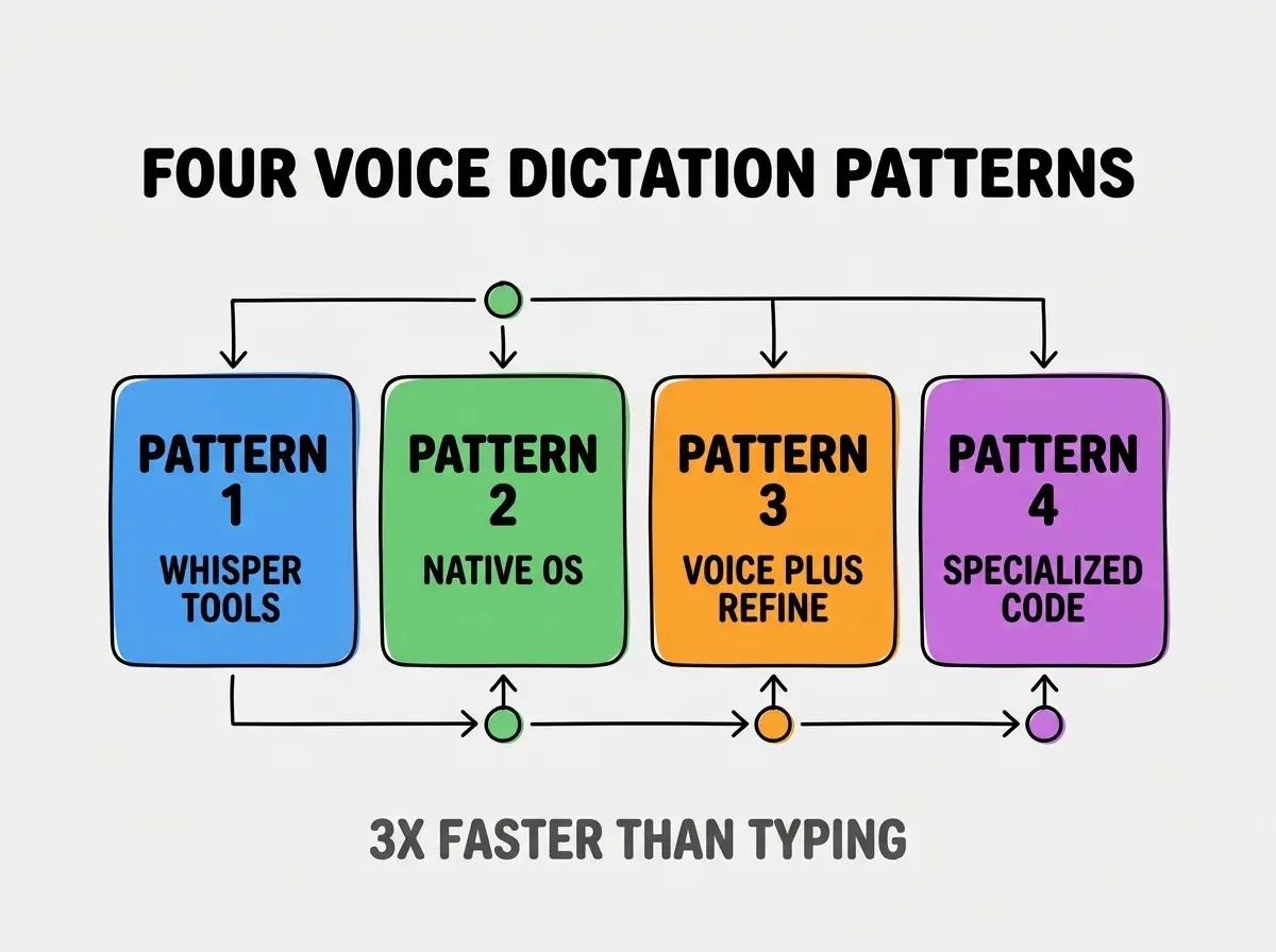 Clean modern flat infographic on light gray background. Top center bold black title text: FOUR VOICE DICTATION PATTERNS. Below title, four equal sized colored rounded rectangle cards arranged horizontally. Card 1 blue: large bold text PATTERN 1 then smaller text WHISPER TOOLS. Card 2 green: large bold text PATTERN 2 then smaller text NATIVE OS. Card 3 orange: large bold text PATTERN 3 then smaller text VOICE PLUS REFINE. Card 4 purple: large bold text PATTERN 4 then smaller text SPECIALIZED CODE. Single footer line below cards in dark gray text: 3X FASTER THAN TYPING. Nothing else on canvas. No text outside cards or below cards.