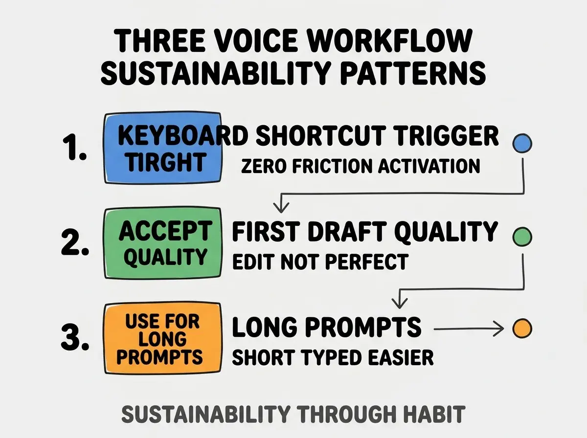 Clean modern flat infographic on light gray background. Top title bold black: THREE VOICE WORKFLOW SUSTAINABILITY PATTERNS. Single vertical numbered list with three rows. Row 1 blue badge KEYBOARD SHORTCUT TRIGGER with subtitle ZERO FRICTION ACTIVATION. Row 2 green badge ACCEPT FIRST DRAFT QUALITY with subtitle EDIT NOT PERFECT. Row 3 orange badge USE FOR LONG PROMPTS with subtitle SHORT TYPED EASIER. Footer text dark gray: SUSTAINABILITY THROUGH HABIT. Each label appears exactly once. No duplicated text.