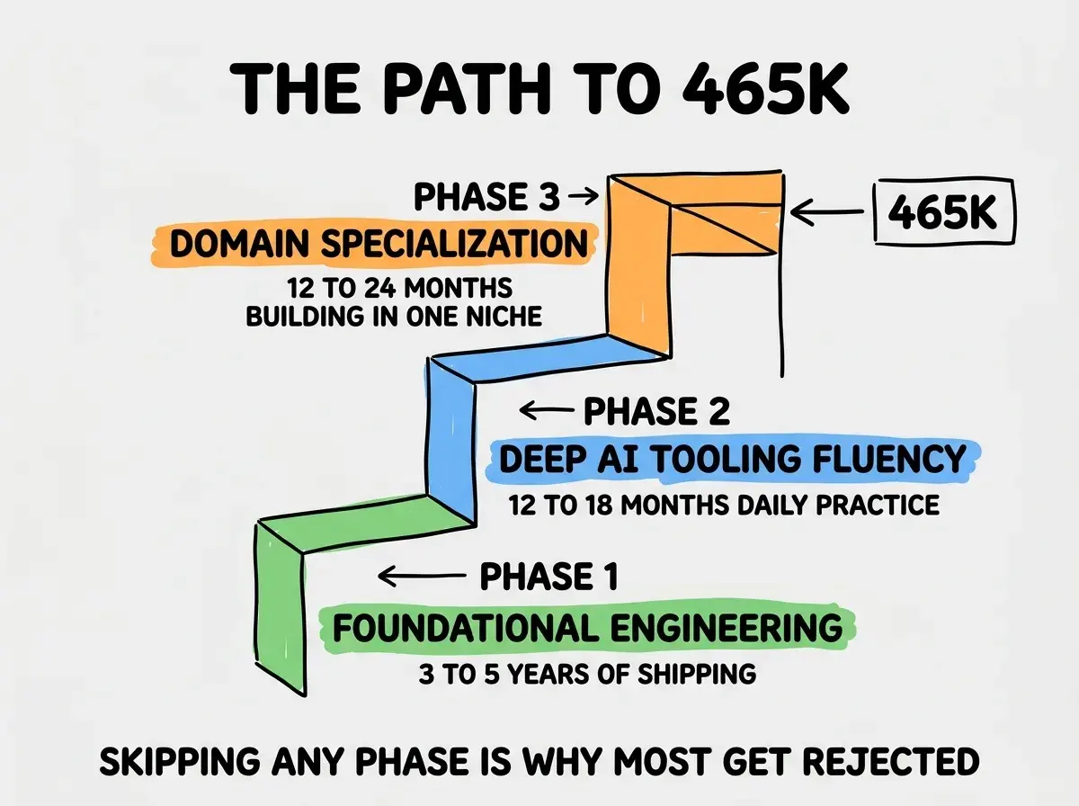 EXPLAINER DIAGRAM titled THE PATH TO 465K shown as a vertical staircase on a slate background with three steps labeled. Step 1 at the bottom labeled PHASE 1 FOUNDATIONAL ENGINEERING with green background, sublabel 3 TO 5 YEARS OF SHIPPING. Step 2 in middle labeled PHASE 2 DEEP AI TOOLING FLUENCY with blue background, sublabel 12 TO 18 MONTHS OF DAILY PRACTICE. Step 3 at top labeled PHASE 3 DOMAIN SPECIALIZATION with orange background, sublabel 12 TO 24 MONTHS BUILDING IN ONE NICHE. To the right of the staircase a 465K LABEL with an arrow points to the top step. Footer reads SKIPPING ANY PHASE IS WHY MOST APPLICANTS GET REJECTED.