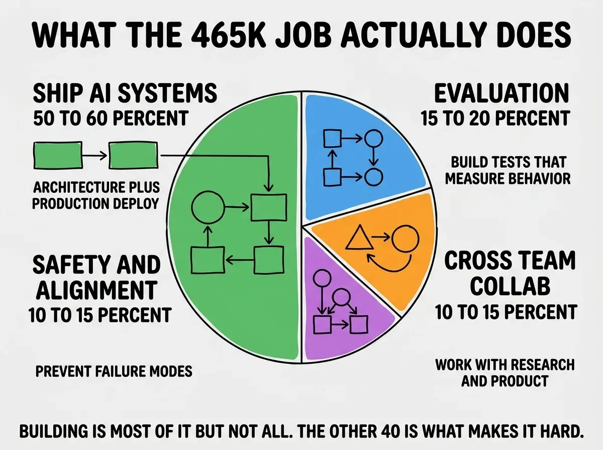EXPLAINER DIAGRAM titled WHAT THE 465K JOB ACTUALLY DOES shown as a four panel pie chart breakdown on a slate background. Panel 1 in green labeled SHIP AI SYSTEMS 50 TO 60 PERCENT, sublabel ARCHITECTURE PLUS PRODUCTION DEPLOYMENT. Panel 2 in blue labeled EVALUATION 15 TO 20 PERCENT, sublabel BUILD TESTS THAT MEASURE BEHAVIOR. Panel 3 in orange labeled SAFETY AND ALIGNMENT 10 TO 15 PERCENT, sublabel PREVENT FAILURE MODES. Panel 4 in purple labeled CROSS TEAM COLLAB 10 TO 15 PERCENT, sublabel WORK WITH RESEARCH AND PRODUCT. Footer reads BUILDING IS MOST OF IT BUT NOT ALL OF IT. THE OTHER 40 PERCENT IS WHAT MAKES IT HARD.