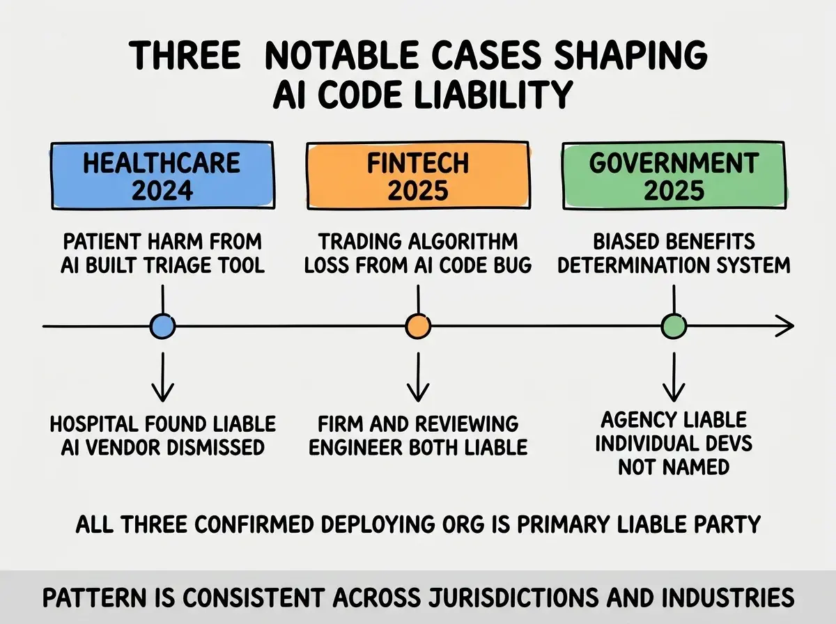EXPLAINER DIAGRAM titled THREE NOTABLE CASES SHAPING AI CODE LIABILITY shown as a horizontal three-panel timeline on a slate background. Panel 1 colored blue header HEALTHCARE 2024, sublabel PATIENT HARM FROM AI BUILT TRIAGE TOOL, outcome HOSPITAL FOUND LIABLE, AI VENDOR DISMISSED. Panel 2 colored orange header FINTECH 2025, sublabel TRADING ALGORITHM LOSS FROM AI CODE BUG, outcome FIRM AND REVIEWING ENGINEER BOTH LIABLE. Panel 3 colored green header GOVERNMENT 2025, sublabel BIASED BENEFITS DETERMINATION SYSTEM, outcome AGENCY LIABLE INDIVIDUAL DEVS NOT NAMED. Bottom label reads ALL THREE CONFIRMED DEPLOYING ORG IS PRIMARY LIABLE PARTY. Footer reads PATTERN IS CONSISTENT ACROSS JURISDICTIONS AND INDUSTRIES.