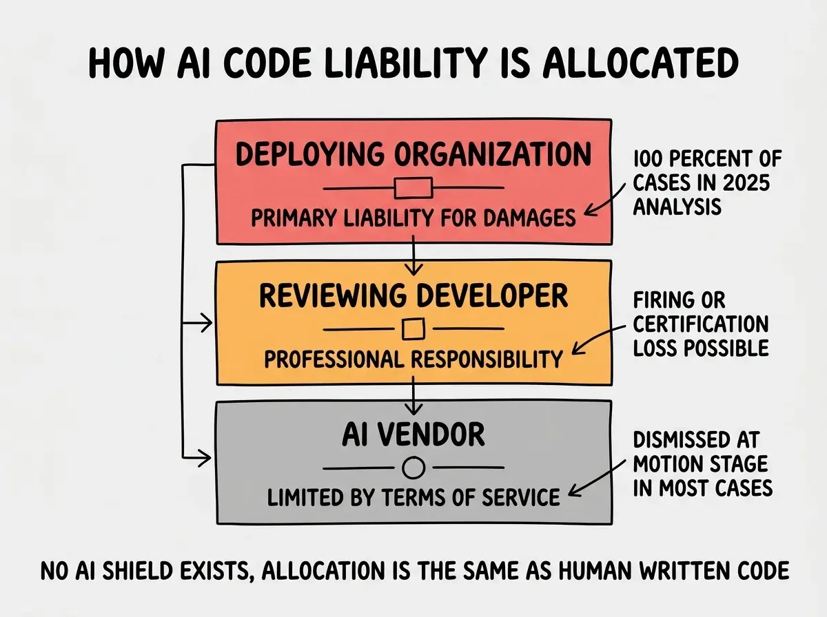 EXPLAINER DIAGRAM titled HOW AI CODE LIABILITY IS ALLOCATED shown as a vertical stacked tier diagram on a slate background. Three tiers stacked top to bottom. Top tier colored red labeled DEPLOYING ORGANIZATION sublabel PRIMARY LIABILITY FOR DAMAGES, with note 100 PERCENT OF CASES IN 2025 ANALYSIS. Middle tier colored orange labeled REVIEWING DEVELOPER sublabel PROFESSIONAL RESPONSIBILITY, with note FIRING OR CERTIFICATION LOSS POSSIBLE. Bottom tier colored gray labeled AI VENDOR sublabel LIMITED BY TERMS OF SERVICE, with note DISMISSED AT MOTION STAGE IN MOST CASES. Footer reads NO AI SHIELD EXISTS, ALLOCATION IS THE SAME AS HUMAN WRITTEN CODE.
