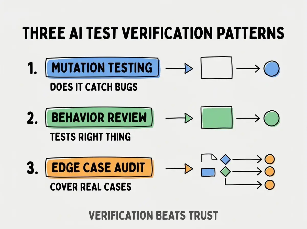 Clean modern flat infographic on light gray background. Top title bold black: THREE AI TEST VERIFICATION PATTERNS. Single vertical numbered list with three rows. Row 1 blue badge MUTATION TESTING with subtitle DOES IT CATCH BUGS. Row 2 green badge BEHAVIOR REVIEW with subtitle TESTS RIGHT THING. Row 3 orange badge EDGE CASE AUDIT with subtitle COVER REAL CASES. Footer text dark gray: VERIFICATION BEATS TRUST. Each label appears exactly once. No duplicated text.