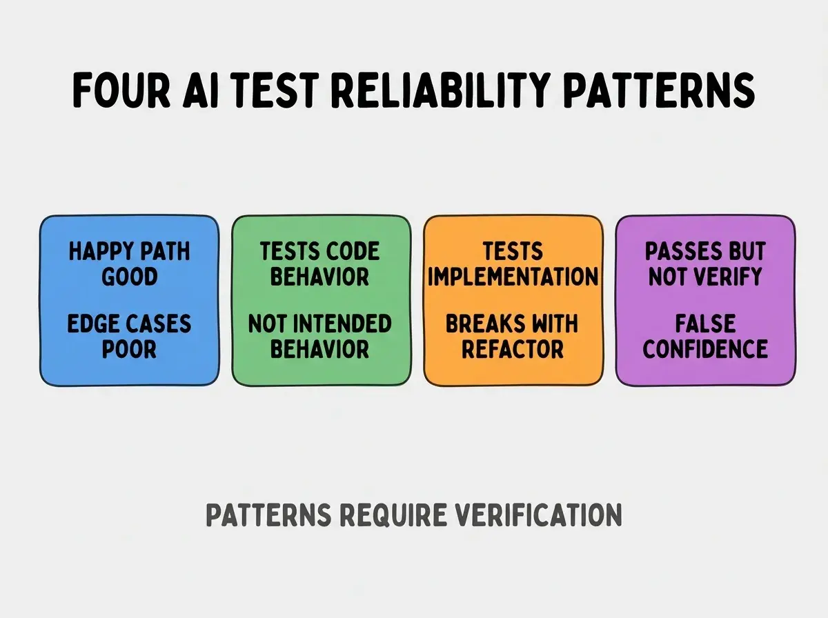 Clean modern flat infographic on light gray background. Top center title bold black sans-serif: FOUR AI TEST RELIABILITY PATTERNS. Single horizontal row with four equal sized colored rounded rectangle cards. Card 1 blue background two lines HAPPY PATH GOOD and EDGE CASES POOR. Card 2 green background two lines TESTS CODE BEHAVIOR and NOT INTENDED BEHAVIOR. Card 3 orange background two lines TESTS IMPLEMENTATION and BREAKS WITH REFACTOR. Card 4 purple background two lines PASSES BUT NOT VERIFY and FALSE CONFIDENCE. Below the row a single footer line in dark gray text: PATTERNS REQUIRE VERIFICATION. No other text. No duplicated text anywhere.