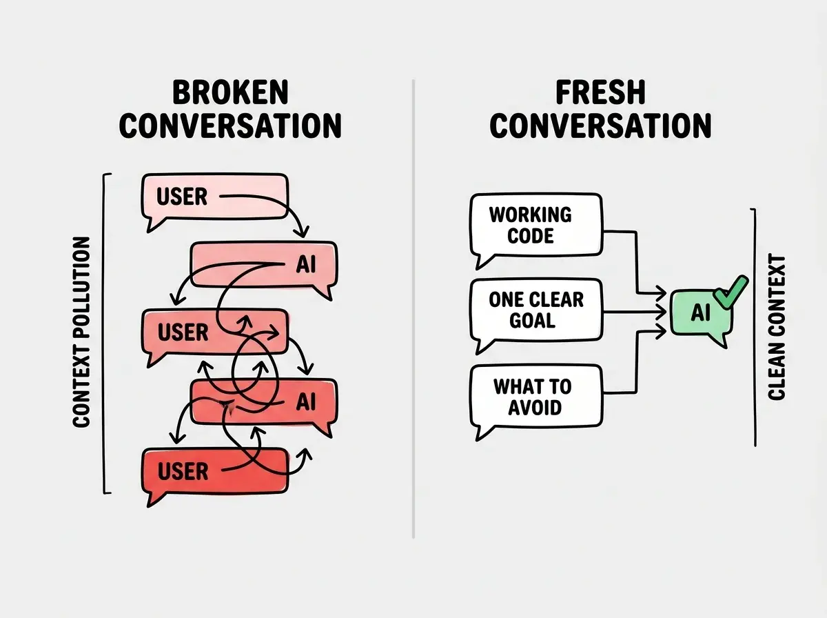 EXPLAINER DIAGRAM: A split-panel comparison. Left panel labeled BROKEN CONVERSATION shows a vertical chain of five message bubbles alternating between USER and AI, each one progressively more red and tangled with arrows pointing in conflicting directions. A label reads CONTEXT POLLUTION. Right panel labeled FRESH CONVERSATION shows three clean message bubbles from the user, labeled WORKING CODE, ONE CLEAR GOAL, and WHAT TO AVOID, feeding into a single clean AI response with a green checkmark. A label reads CLEAN CONTEXT.