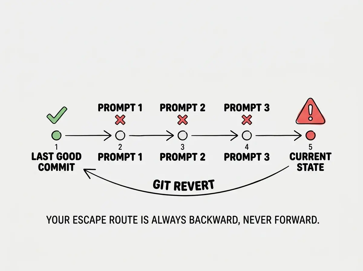 EXPLAINER DIAGRAM: A horizontal timeline showing five points from left to right. Point 1 is labeled LAST GOOD COMMIT with a green checkmark. Points 2 through 4 are labeled PROMPT 1, PROMPT 2, and PROMPT 3, each with a small red X and an arrow pointing to the next. Point 5 is labeled CURRENT STATE with a large red warning icon. A curved arrow labeled GIT REVERT arcs from CURRENT STATE back to LAST GOOD COMMIT. Below the timeline, text reads YOUR ESCAPE ROUTE IS ALWAYS BACKWARD, NEVER FORWARD.