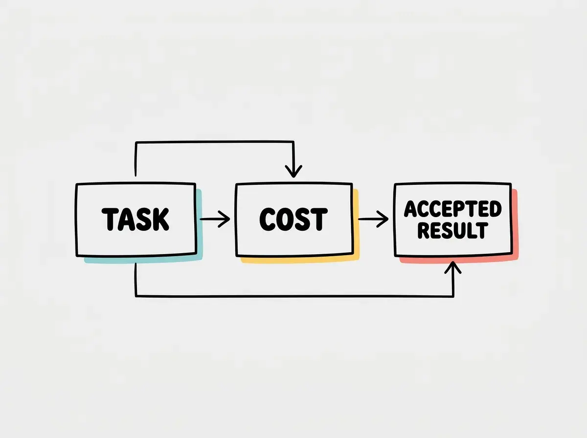 Simple conceptual diagram with separate boxes labeled TASK, COST, ACCEPTED RESULT. Exactly these labels and no other text. No statistics or numbers.