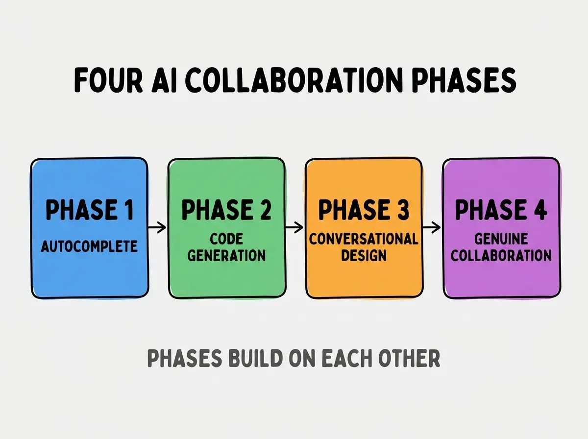 Clean modern flat infographic on light gray background. Top center bold black title text: FOUR AI COLLABORATION PHASES. Below title, four equal sized colored rounded rectangle cards arranged horizontally with arrows. Card 1 blue: large bold text PHASE 1 then smaller text AUTOCOMPLETE. Card 2 green: large bold text PHASE 2 then smaller text CODE GENERATION. Card 3 orange: large bold text PHASE 3 then smaller text CONVERSATIONAL DESIGN. Card 4 purple: large bold text PHASE 4 then smaller text GENUINE COLLABORATION. Single footer line below cards in dark gray text: PHASES BUILD ON EACH OTHER. Nothing else on canvas. No text outside cards or below cards.