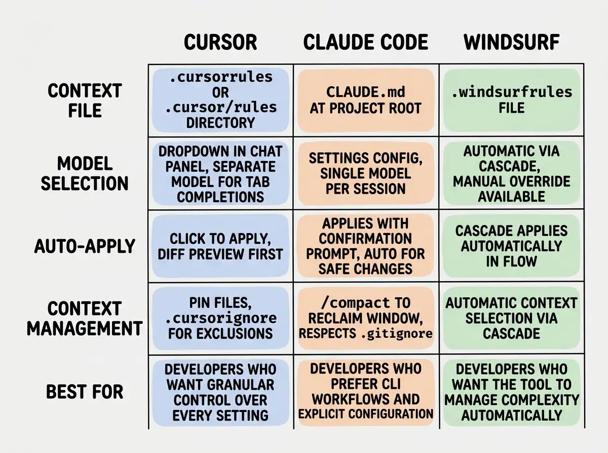 EXPLAINER DIAGRAM: A three-column comparison table on white background. Column headers are CURSOR, CLAUDE CODE, and WINDSURF. Row 1 labeled CONTEXT FILE shows: .cursorrules or .cursor/rules directory | CLAUDE.md at project root | .windsurfrules file. Row 2 labeled MODEL SELECTION shows: Dropdown in chat panel, separate model for tab completions | Settings config, single model per session | Automatic via Cascade, manual override available. Row 3 labeled AUTO-APPLY shows: Click to apply, diff preview first | Applies with confirmation prompt, auto for safe changes | Cascade applies automatically in flow. Row 4 labeled CONTEXT MANAGEMENT shows: Pin files, .cursorignore for exclusions | /compact to reclaim window, respects .gitignore | Automatic context selection via Cascade. Row 5 labeled BEST FOR shows: Developers who want granular control over every setting | Developers who prefer CLI workflows and explicit configuration | Developers who want the tool to manage complexity automatically. Each cell has a subtle background color coding: blue for Cursor, orange for Claude Code, green for Windsurf.