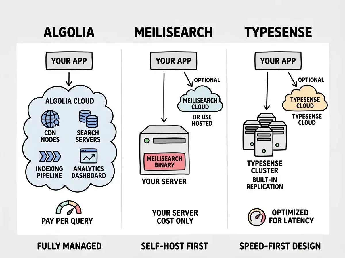 EXPLAINER DIAGRAM: A three-column comparison chart on white background showing the hosting architecture of each search engine. Column 1 labeled ALGOLIA shows YOUR APP at top with an arrow to a large cloud shape labeled ALGOLIA CLOUD containing icons for CDN NODES, SEARCH SERVERS, INDEXING PIPELINE, and ANALYTICS DASHBOARD, all managed by Algolia. A meter icon at bottom reads PAY PER QUERY. Column 2 labeled MEILISEARCH shows YOUR APP at top with an arrow to a server icon labeled YOUR SERVER containing MEILISEARCH BINARY inside it, with a second arrow to an optional cloud labeled MEILISEARCH CLOUD with text OR USE HOSTED. A cost label reads YOUR SERVER COST ONLY. Column 3 labeled TYPESENSE shows YOUR APP at top with an arrow to a cluster of three server icons labeled TYPESENSE CLUSTER with text BUILT-IN REPLICATION, and a separate arrow to an optional cloud labeled TYPESENSE CLOUD. A speed icon at bottom reads OPTIMIZED FOR LATENCY. Footer labels read FULLY MANAGED under Algolia, SELF-HOST FIRST under Meilisearch, SPEED-FIRST DESIGN under Typesense.
