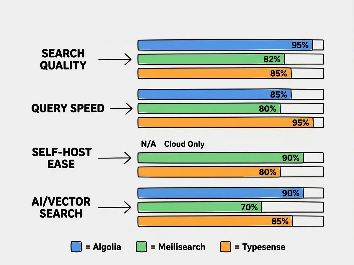 EXPLAINER DIAGRAM: A horizontal comparison bar chart on white background showing four categories rated for each search engine. Category 1 SEARCH QUALITY shows Algolia at 95 percent filled bar in blue, Meilisearch at 82 percent filled bar in green, Typesense at 85 percent filled bar in orange. Category 2 QUERY SPEED shows Algolia at 85 percent, Meilisearch at 80 percent, Typesense at 95 percent. Category 3 SELF-HOST EASE shows Algolia marked N/A with text Cloud Only, Meilisearch at 90 percent, Typesense at 80 percent. Category 4 AI/VECTOR SEARCH shows Algolia at 90 percent, Meilisearch at 70 percent, Typesense at 85 percent. A legend at bottom shows blue equals Algolia, green equals Meilisearch, orange equals Typesense. Each bar has the percentage value displayed at its end.