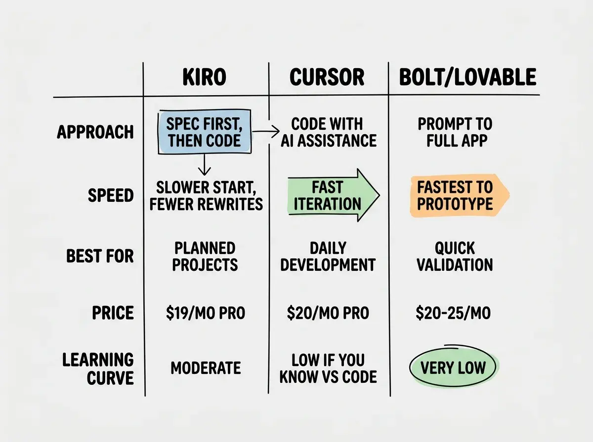 EXPLAINER DIAGRAM: A three-column comparison table with headers KIRO, CURSOR, and BOLT/LOVABLE. Rows compare five attributes. Row 1 labeled APPROACH shows 'Spec first, then code' under Kiro, 'Code with AI assistance' under Cursor, and 'Prompt to full app' under Bolt/Lovable. Row 2 labeled SPEED shows 'Slower start, fewer rewrites' under Kiro, 'Fast iteration' under Cursor, and 'Fastest to prototype' under Bolt/Lovable. Row 3 labeled BEST FOR shows 'Planned projects' under Kiro, 'Daily development' under Cursor, and 'Quick validation' under Bolt/Lovable. Row 4 labeled PRICE shows '$19/mo Pro' under Kiro, '$20/mo Pro' under Cursor, and '$20-25/mo' under Bolt/Lovable. Row 5 labeled LEARNING CURVE shows 'Moderate' under Kiro, 'Low if you know VS Code' under Cursor, and 'Very low' under Bolt/Lovable.