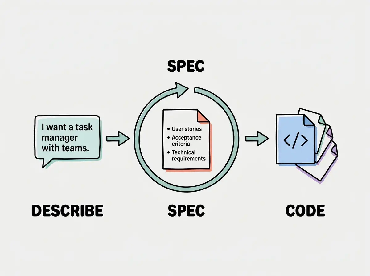 EXPLAINER DIAGRAM: A horizontal three-step flow showing Kiro's workflow. Step 1 labeled DESCRIBE shows a chat bubble with the text 'I want a task manager with teams.' Step 2 labeled SPEC shows a document icon with visible bullet points for user stories, acceptance criteria, and technical requirements, with a circular review arrow around it indicating the review loop. Step 3 labeled CODE shows a code file icon with multiple files fanning out. Arrows flow left to right between steps, with the review arrow on Step 2 being the largest visual element to emphasize the spec review phase.