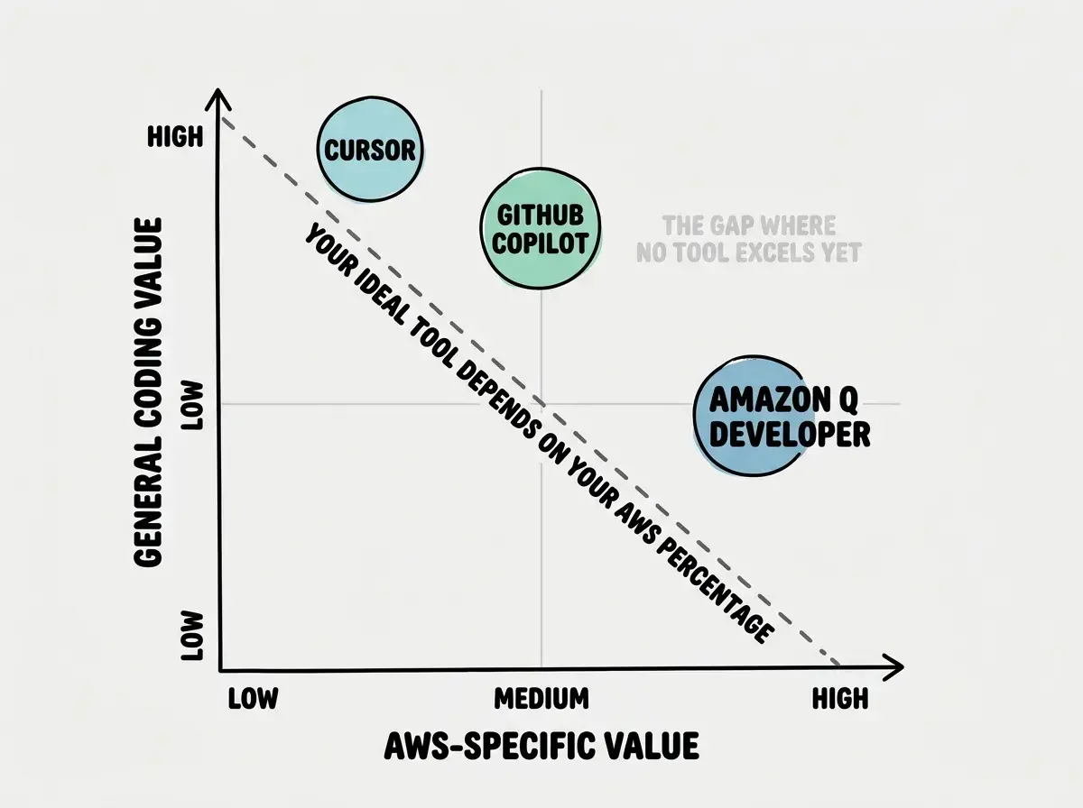 EXPLAINER DIAGRAM: A simple quadrant chart on white background. X-axis labeled AWS-SPECIFIC VALUE from Low to High. Y-axis labeled GENERAL CODING VALUE from Low to High. Three circles plotted on the chart: CURSOR in the upper-left quadrant (high general value, low AWS value), GITHUB COPILOT in the upper-middle area (high general value, medium AWS value), and AMAZON Q DEVELOPER in the right-middle area (medium general value, high AWS value). A diagonal dashed line runs from upper-left to lower-right with text along it reading YOUR IDEAL TOOL DEPENDS ON YOUR AWS PERCENTAGE. The upper-right quadrant is empty with a faint label reading THE GAP WHERE NO TOOL EXCELS YET.