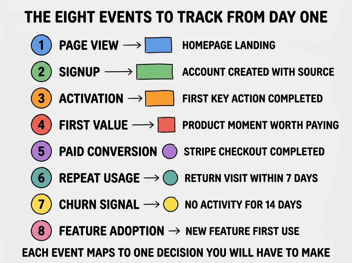 EXPLAINER DIAGRAM titled THE EIGHT EVENTS TO TRACK FROM DAY ONE shown as a vertical numbered timeline on a slate background. Eight rows stacked vertically, each with a numbered colored circle on the left and event name plus example. Row 1 blue PAGE VIEW example HOMEPAGE LANDING. Row 2 green SIGNUP example ACCOUNT CREATED WITH SOURCE. Row 3 orange ACTIVATION example FIRST KEY ACTION COMPLETED. Row 4 red FIRST VALUE example PRODUCT MOMENT WORTH PAYING FOR. Row 5 purple PAID CONVERSION example STRIPE CHECKOUT COMPLETED. Row 6 teal REPEAT USAGE example RETURN VISIT WITHIN 7 DAYS. Row 7 yellow CHURN SIGNAL example NO ACTIVITY FOR 14 DAYS. Row 8 pink FEATURE ADOPTION example NEW FEATURE FIRST USE. Footer reads EACH EVENT MAPS TO ONE DECISION YOU WILL HAVE TO MAKE.