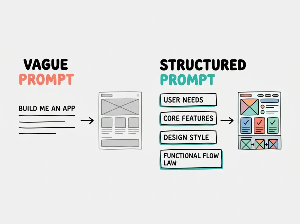 EXPLAINER DIAGRAM: Two parallel columns comparing prompt approaches. Left column header reads VAGUE PROMPT in coral, with three example lines below: BUILD ME AN APP, MAKE IT LOOK NICE, and THAT IS NOT RIGHT. Right column header reads STRUCTURED PROMPT in teal, with three example lines below: BUILD A FINANCE TRACKER WITH MONTHLY BAR CHART, USE WHITE BACKGROUND AND INTER FONT AT 16PX, and THE BARS ARE TOO THIN AND NEED DOLLAR LABELS. An arrow between the columns points from left to right with the label SAME EFFORT AND BETTER RESULTS. Light gray background.