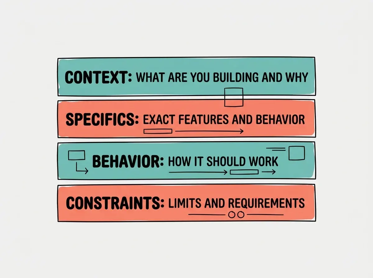 EXPLAINER DIAGRAM: Four stacked horizontal bars forming a vertical stack, like layers of a building. Top bar in teal labeled CONTEXT with subtitle WHAT ARE YOU BUILDING AND WHY. Second bar in coral labeled SPECIFICS with subtitle WHAT EXACTLY SHOULD THIS PIECE DO. Third bar in teal labeled BEHAVIOR with subtitle WHAT HAPPENS WHEN USERS INTERACT. Bottom bar in coral labeled CONSTRAINTS with subtitle WHAT TO AVOID OR FOLLOW. A bracket on the right groups all four and reads COMPLETE PROMPT. Light gray background.
