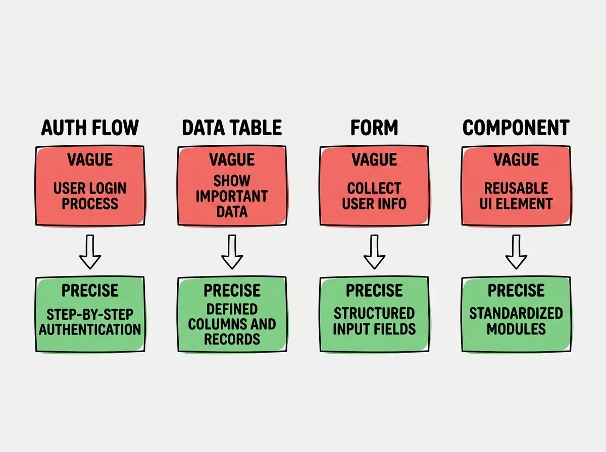 EXPLAINER DIAGRAM: A horizontal flow chart with four columns, each representing one transformation. Column 1 is labeled AUTH FLOW and shows a red box labeled Vague with the text Add login below it, an arrow pointing right to a green box labeled Precise with bullet points: NextAuth Credentials, Zod validation, redirect to dashboard, Tailwind card layout. Column 2 is labeled API ENDPOINT and shows a red box with Create task API flowing to a green box with: GET POST PATCH routes, Prisma client, auth check, matches existing pattern. Column 3 is labeled COMPONENT and shows a red box with Make pricing flowing to a green box with: three tiers, monthly annual toggle, highlighted Pro plan, matches FeatureCard style. Column 4 is labeled SCHEMA and shows a red box with Add comments flowing to a green box with: Comment model, self-relation, 2-level depth limit, create migration only. A banner across the bottom reads SPECIFICITY IS THE SKILL.