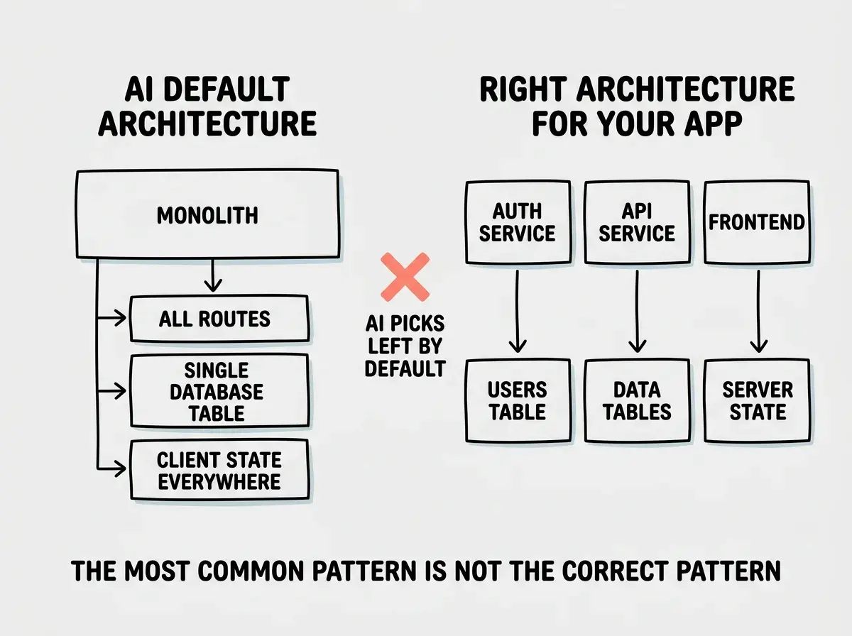 EXPLAINER DIAGRAM: Two side-by-side flowcharts. Left flowchart labeled AI DEFAULT ARCHITECTURE shows a single large box at top labeled MONOLITH with arrows pointing down to three stacked boxes labeled ALL ROUTES, SINGLE DATABASE TABLE, and CLIENT STATE EVERYWHERE. Right flowchart labeled RIGHT ARCHITECTURE FOR YOUR APP shows three separate smaller boxes at top labeled AUTH SERVICE, API SERVICE, and FRONTEND, each with their own arrow pointing to separate boxes below labeled USERS TABLE, DATA TABLES, and SERVER STATE. Between the two flowcharts, a large X in coral with text AI PICKS LEFT BY DEFAULT. Below, text reads THE MOST COMMON PATTERN IS NOT THE CORRECT PATTERN.