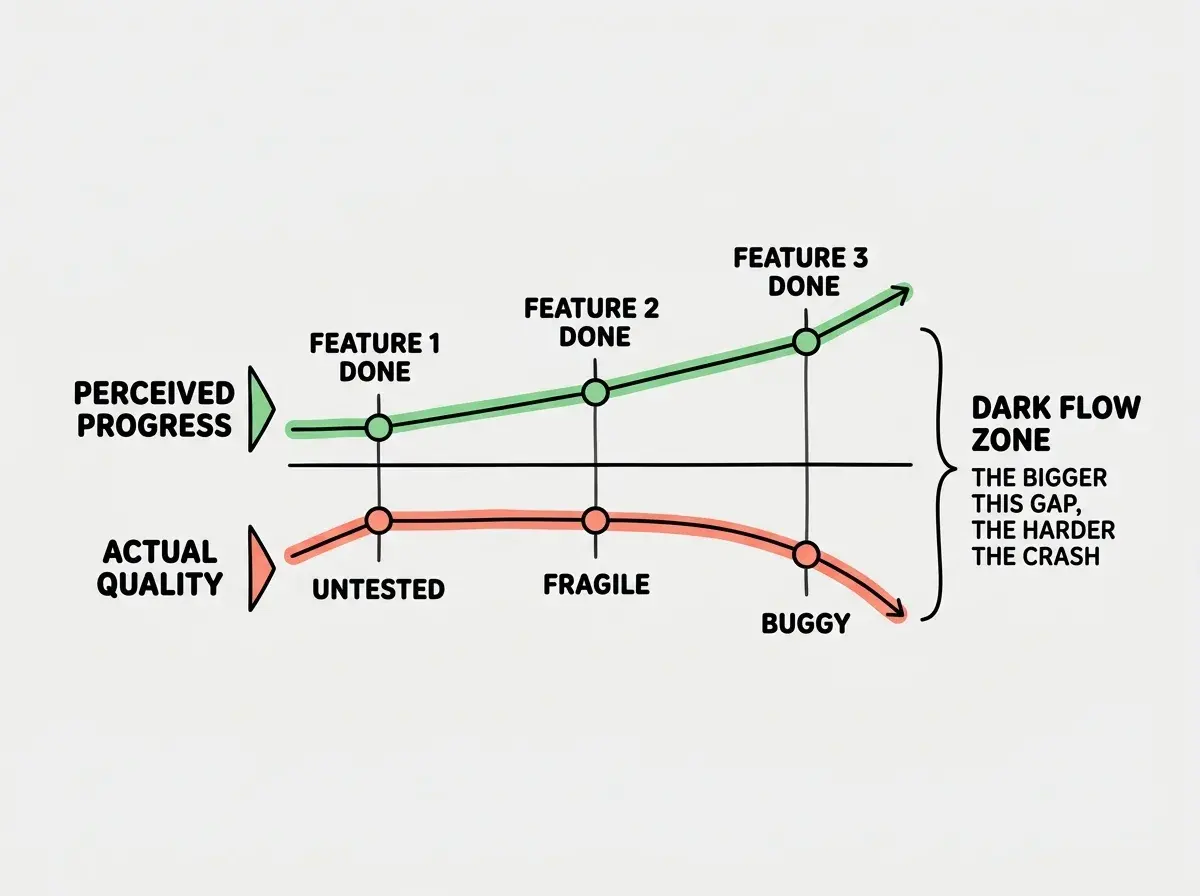 EXPLAINER DIAGRAM: A horizontal timeline divided into two parallel tracks. Top track labeled PERCEIVED PROGRESS shows a steadily rising line from left to right, colored green, with checkpoints labeled FEATURE 1 DONE, FEATURE 2 DONE, FEATURE 3 DONE. Bottom track labeled ACTUAL QUALITY shows a line that rises briefly then flattens and curves downward, colored coral, with the same checkpoints but annotated UNTESTED, FRAGILE, BUGGY. The gap between the two lines widens as you move right. A bracket on the right side labels the gap DARK FLOW ZONE with text THE BIGGER THIS GAP, THE HARDER THE CRASH.