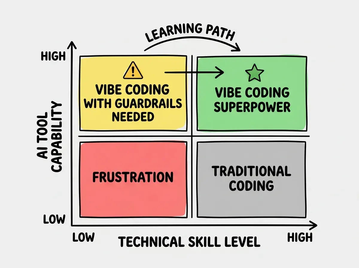 EXPLAINER DIAGRAM: A two-by-two matrix grid. The X axis is labeled TECHNICAL SKILL LEVEL from LOW on the left to HIGH on the right. The Y axis is labeled AI TOOL CAPABILITY from LOW at the bottom to HIGH at the top. Bottom-left quadrant is labeled FRUSTRATION with a red background. Bottom-right quadrant is labeled TRADITIONAL CODING with a gray background. Top-left quadrant is labeled VIBE CODING WITH GUARDRAILS NEEDED with a yellow background and a warning icon. Top-right quadrant is labeled VIBE CODING SUPERPOWER with a green background and a star icon. An arrow curves from the top-left quadrant toward the top-right, labeled LEARNING PATH.