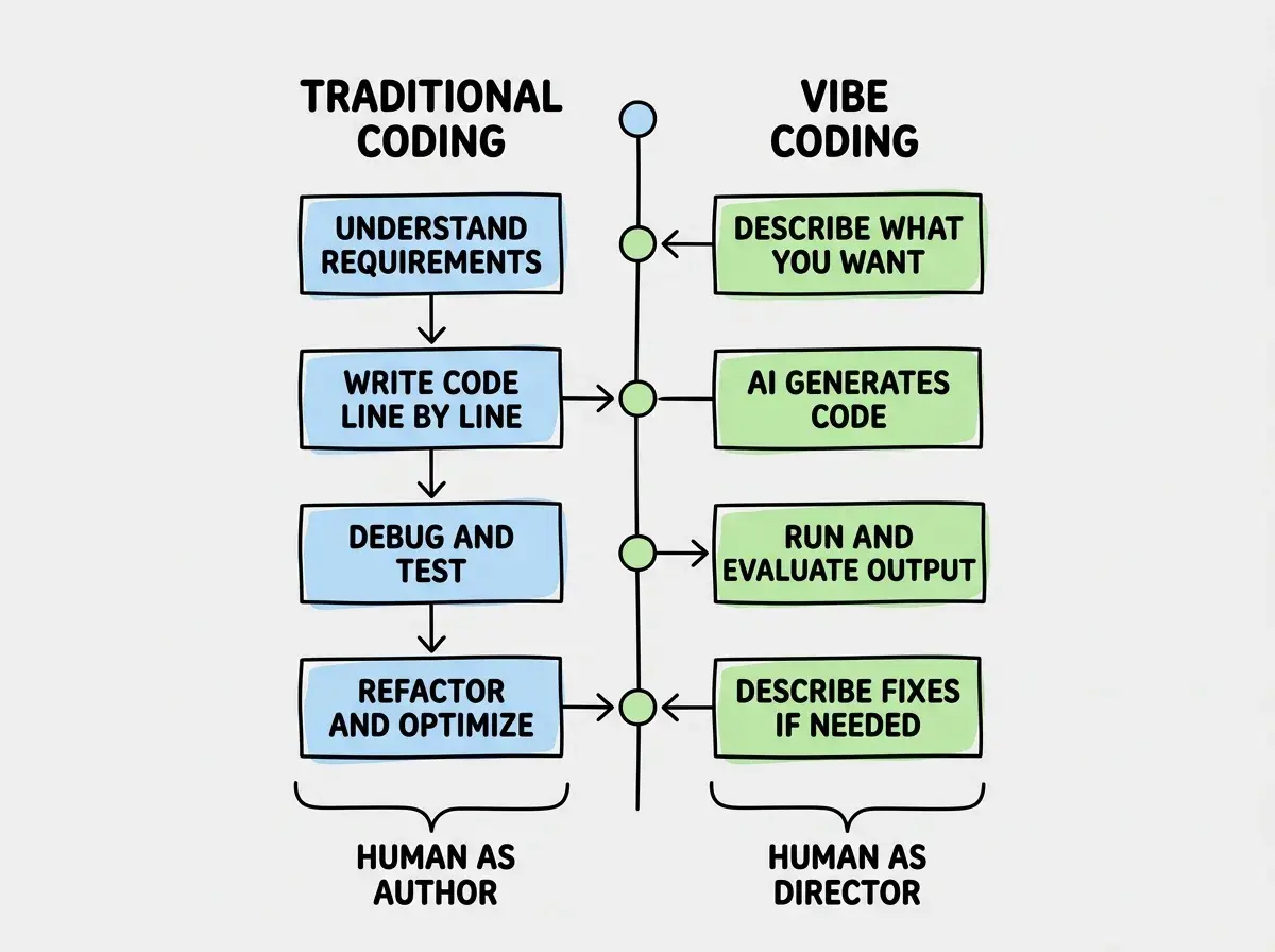 EXPLAINER DIAGRAM: A vertical timeline with two parallel tracks. Left track labeled TRADITIONAL CODING shows four sequential boxes connected by arrows: UNDERSTAND REQUIREMENTS, WRITE CODE LINE BY LINE, DEBUG AND TEST, REFACTOR AND OPTIMIZE. Right track labeled VIBE CODING shows four boxes: DESCRIBE WHAT YOU WANT, AI GENERATES CODE, RUN AND EVALUATE OUTPUT, DESCRIBE FIXES IF NEEDED. A bracket at the bottom compares the two tracks with labels HUMAN AS AUTHOR on the left and HUMAN AS DIRECTOR on the right. Background uses light blue for traditional and light green for vibe coding.