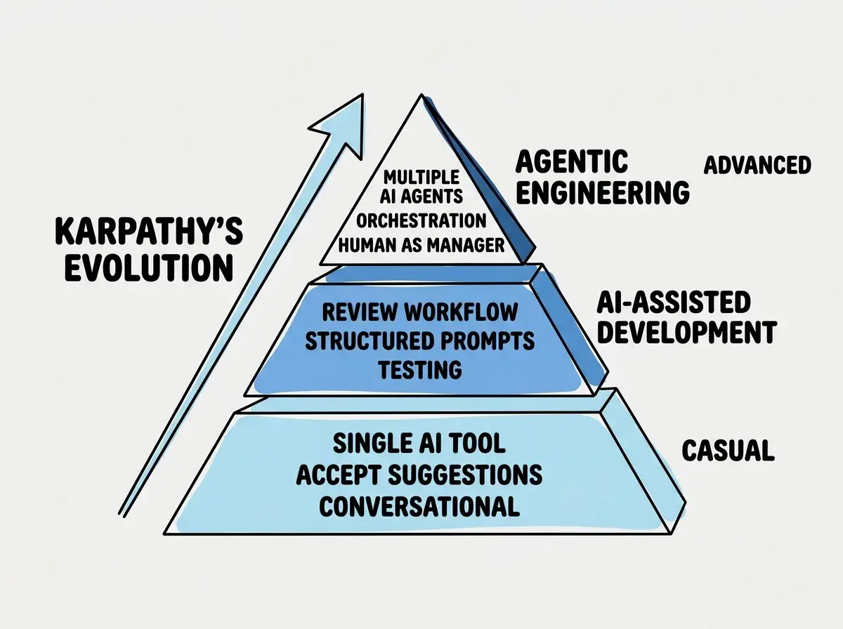 EXPLAINER DIAGRAM: A three-tier pyramid diagram. The bottom tier is the widest, labeled VIBE CODING in light blue with descriptors SINGLE AI TOOL, ACCEPT SUGGESTIONS, CONVERSATIONAL. The middle tier is labeled AI-ASSISTED DEVELOPMENT in medium blue with descriptors REVIEW WORKFLOW, STRUCTURED PROMPTS, TESTING. The top tier is the smallest, labeled AGENTIC ENGINEERING in dark blue with descriptors MULTIPLE AI AGENTS, ORCHESTRATION, HUMAN AS MANAGER. On the left side, an upward arrow is labeled KARPATHY'S EVOLUTION. On the right side, labels read CASUAL at the bottom, PROFESSIONAL in the middle, and ADVANCED at the top.