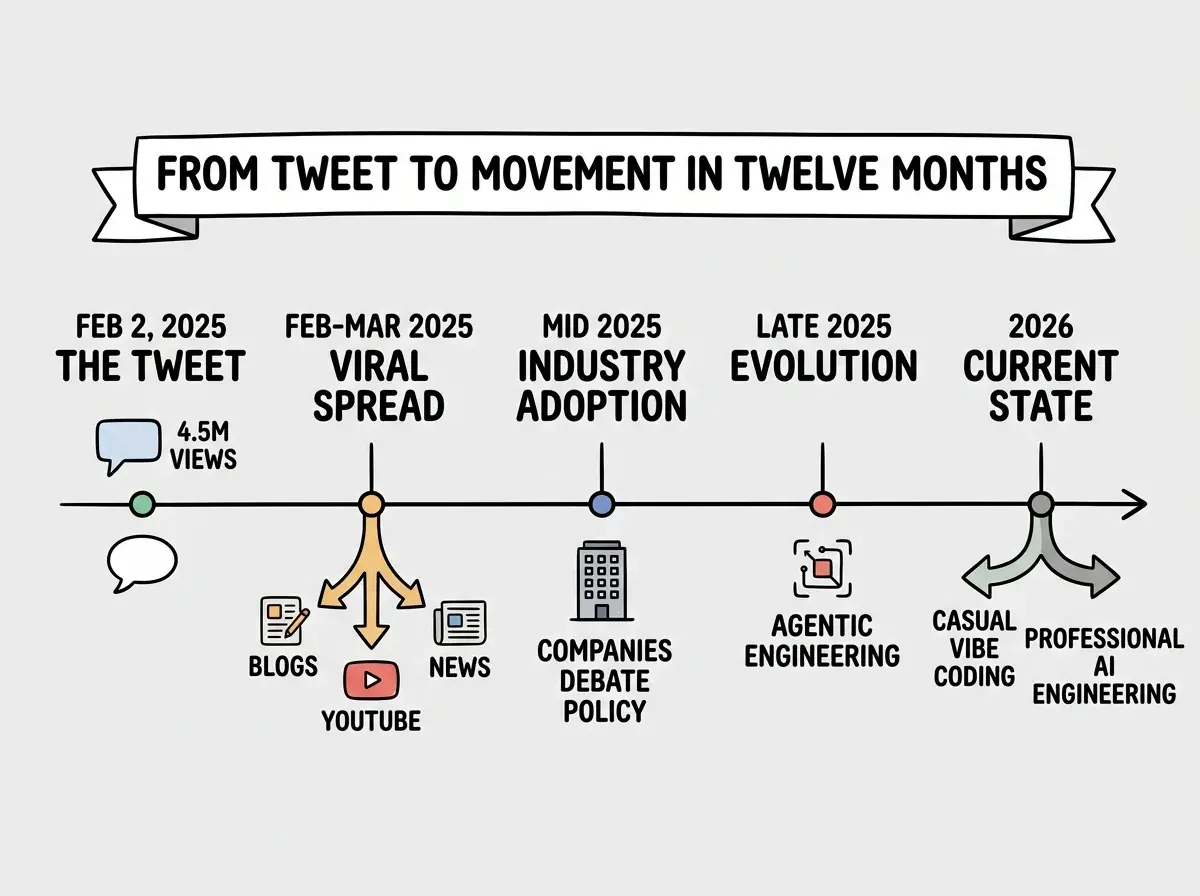 EXPLAINER DIAGRAM: A timeline running left to right with five milestone markers. First marker dated FEB 2, 2025 labeled THE TWEET shows a speech bubble icon with 4.5M VIEWS. Second marker dated FEB-MAR 2025 labeled VIRAL SPREAD shows branching arrows to icons for BLOGS, YOUTUBE, and NEWS. Third marker dated MID 2025 labeled INDUSTRY ADOPTION shows a building icon with text COMPANIES DEBATE POLICY. Fourth marker dated LATE 2025 labeled EVOLUTION shows Karpathy's silhouette with text AGENTIC ENGINEERING. Fifth marker dated 2026 labeled CURRENT STATE shows a split path, one labeled CASUAL VIBE CODING and one labeled PROFESSIONAL AI ENGINEERING. A banner below reads FROM TWEET TO MOVEMENT IN TWELVE MONTHS.
