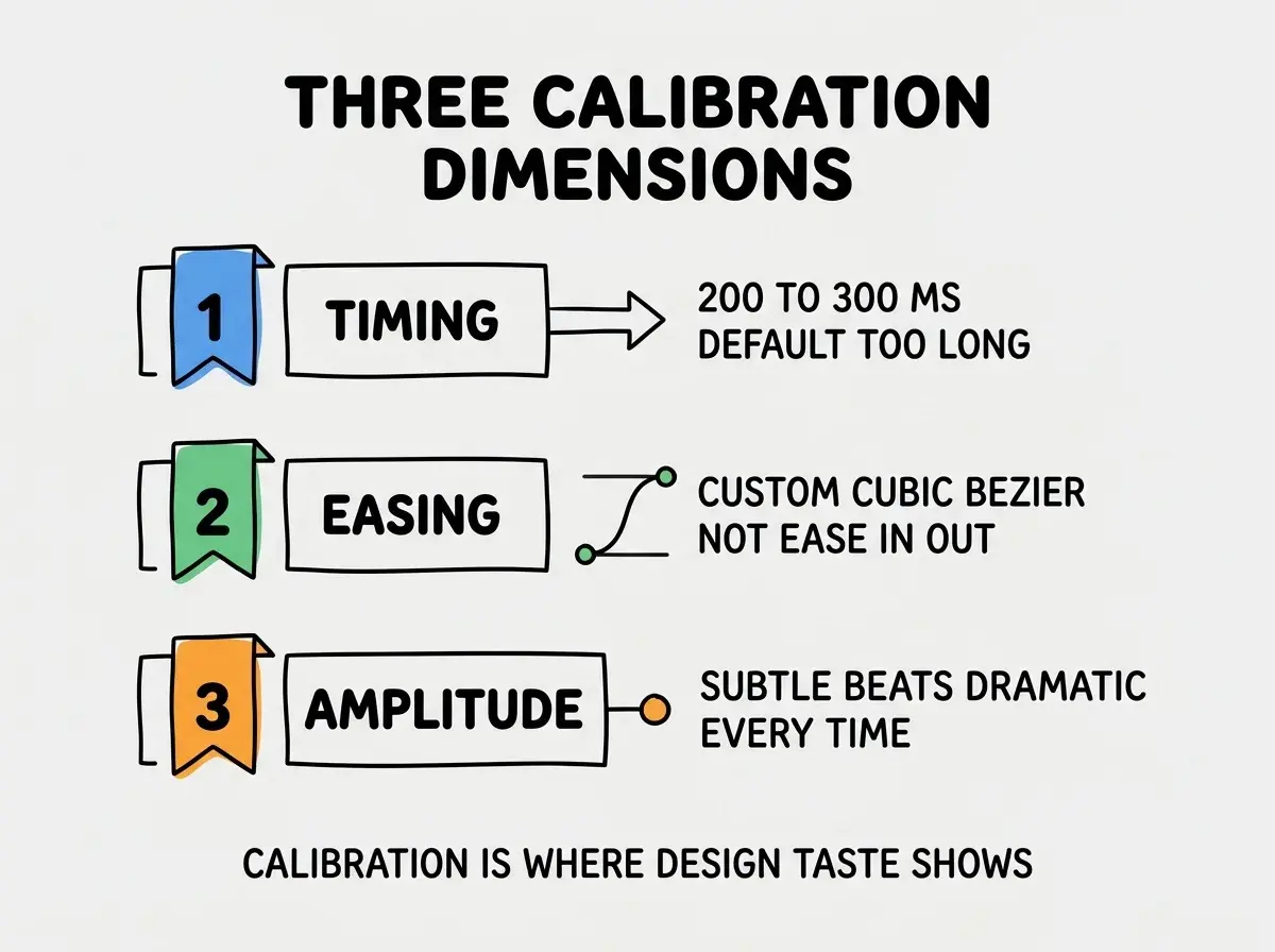 EXPLAINER DIAGRAM titled THREE CALIBRATION DIMENSIONS shown as a vertical numbered list on a slate background. Three rows. Row 1 blue badge TIMING sublabel 200 TO 300 MS DEFAULT TOO LONG. Row 2 green badge EASING sublabel CUSTOM CUBIC BEZIER NOT EASE IN OUT. Row 3 orange badge AMPLITUDE sublabel SUBTLE BEATS DRAMATIC EVERY TIME. Footer reads CALIBRATION IS WHERE DESIGN TASTE SHOWS.