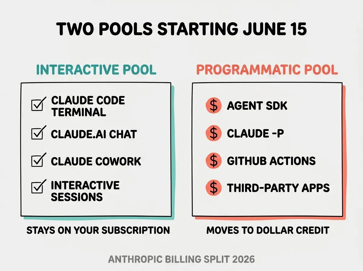 EXPLAINER DIAGRAM: Two-column layout on light gray background. Left column labeled INTERACTIVE POOL in teal. Inside the box, four line items with checkmarks: CLAUDE CODE TERMINAL, CLAUDE.AI CHAT, CLAUDE COWORK, and INTERACTIVE SESSIONS. Subtitle: STAYS ON YOUR SUBSCRIPTION. Right column labeled PROGRAMMATIC POOL in coral red. Inside the box, four line items with dollar signs: AGENT SDK, CLAUDE -P, GITHUB ACTIONS, THIRD-PARTY APPS. Subtitle: MOVES TO DOLLAR CREDIT. Bold header at top: TWO POOLS STARTING JUNE 15. Footer in gray: ANTHROPIC BILLING SPLIT 2026.