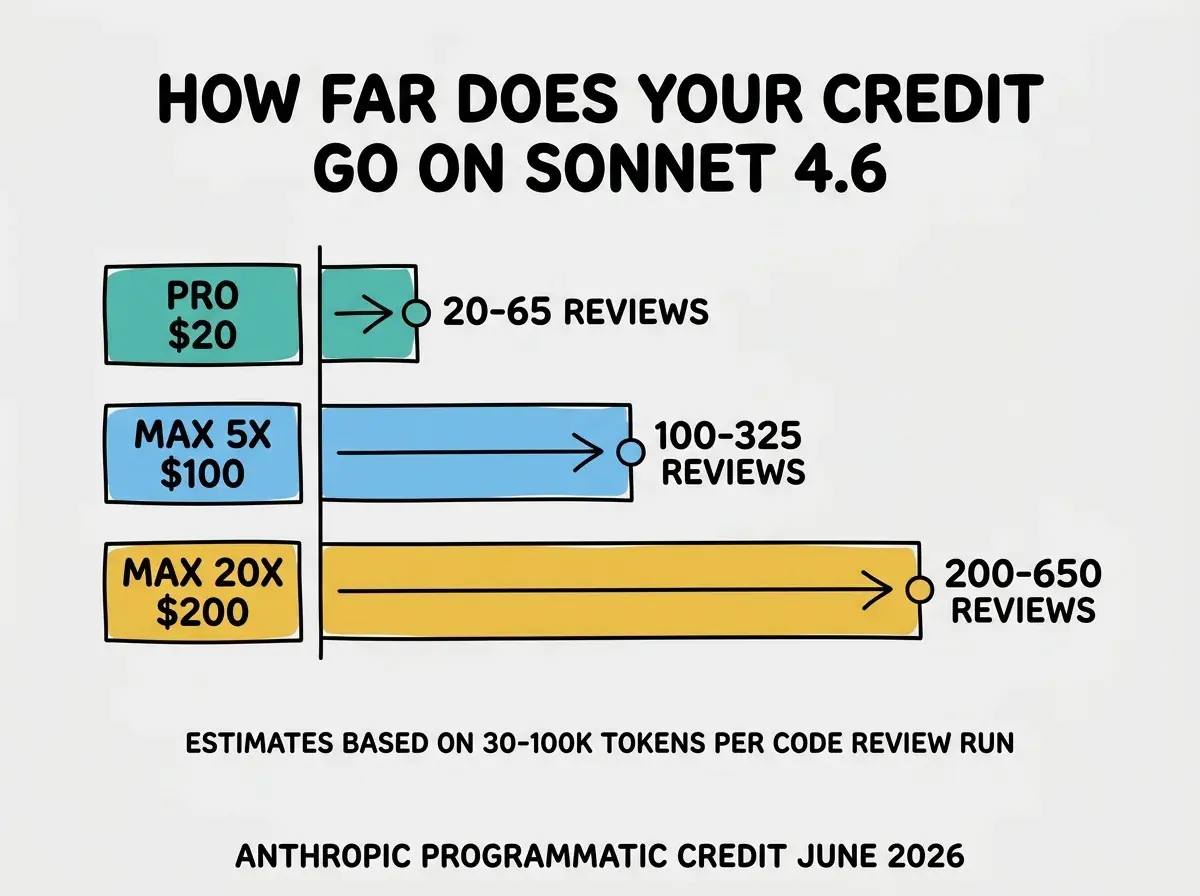 EXPLAINER DIAGRAM: Side-by-side horizontal bar chart on light gray background. Title: HOW FAR DOES YOUR CREDIT GO ON SONNET 4.6. Three horizontal bars. Top bar labeled PRO $20 in teal, extends to 20-65 REVIEWS. Middle bar labeled MAX 5X $100 in sky blue, extends to 100-325 REVIEWS. Bottom bar labeled MAX 20X $200 in golden yellow, extends to 200-650 REVIEWS. Below chart, smaller note text: ESTIMATES BASED ON 30-100K TOKENS PER CODE REVIEW RUN. Footer: ANTHROPIC PROGRAMMATIC CREDIT JUNE 2026.