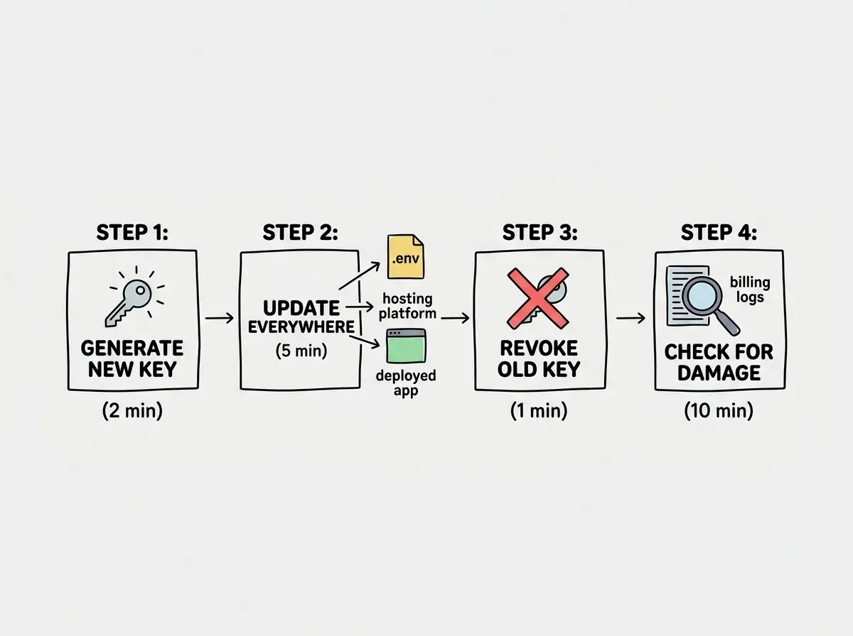 EXPLAINER DIAGRAM: A four-step horizontal timeline showing the key rotation process. Step 1 labeled GENERATE NEW KEY shows a service dashboard icon with a plus symbol creating a fresh credential, with a note that says do not delete the old key yet. Step 2 labeled UPDATE EVERYWHERE shows arrows pointing from the new key to three destinations: .env file, hosting platform environment variables, and deployed application. Step 3 labeled REVOKE OLD KEY shows the old key being crossed out with a red X in the service dashboard, with a note that says this is what actually stops attackers. Step 4 labeled CHECK FOR DAMAGE shows a magnifying glass over billing statements and usage logs. A timeline bar across the bottom shows estimated time: Step 1 takes 2 minutes, Step 2 takes 5 minutes, Step 3 takes 1 minute, Step 4 takes 10 minutes.