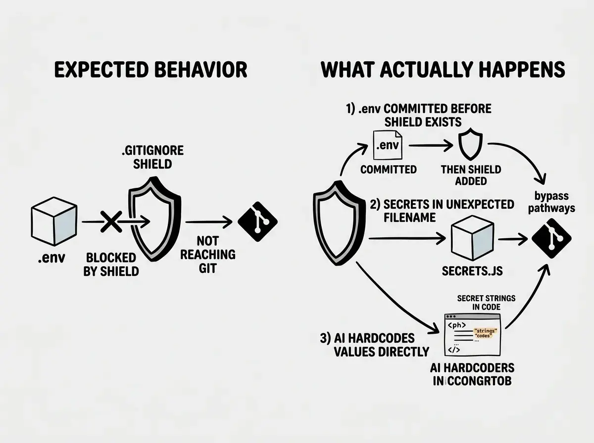 EXPLAINER DIAGRAM: A two-panel comparison showing how .gitignore protection breaks down. Left panel labeled EXPECTED BEHAVIOR shows a flow where .env file with secrets hits a .gitignore shield and is blocked from reaching the Git repository, with a green checkmark. Right panel labeled WHAT ACTUALLY HAPPENS shows three failure paths: Path 1 labeled .env committed before .gitignore exists shows the file bypassing the shield entirely. Path 2 labeled secrets in unexpected filename shows a file called config/secrets.js passing through because .gitignore only blocks .env. Path 3 labeled AI hardcodes values in source files shows secrets embedded directly in app.js which .gitignore never blocks because it is a regular code file. All three paths reach the Git repository with red warning icons.