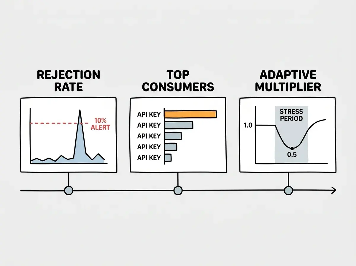 EXPLAINER DIAGRAM: A monitoring dashboard mockup with three panels arranged horizontally. Left panel labeled REJECTION RATE shows a line chart with a spike crossing a red dashed threshold line labeled 10% ALERT. Center panel labeled TOP CONSUMERS shows a horizontal bar chart with five API keys, the top bar significantly longer than the others and highlighted in orange. Right panel labeled ADAPTIVE MULTIPLIER shows a line chart starting at 1.0 that dips to 0.5 during a shaded region labeled STRESS PERIOD before recovering. A timeline along the bottom connects all three panels to show the same time window.