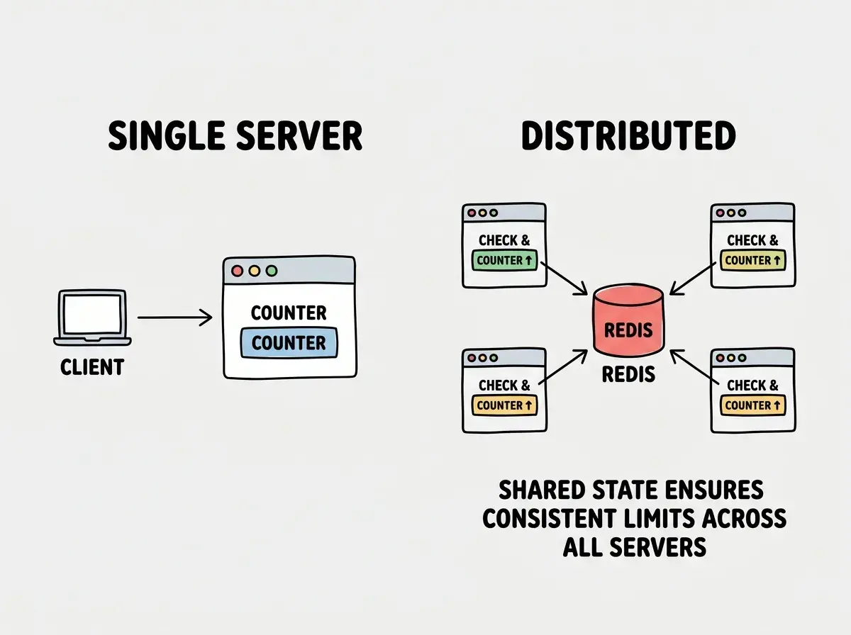 EXPLAINER DIAGRAM: Two side-by-side scenarios comparing rate limiting approaches. Left side labeled SINGLE SERVER shows one server box with an internal counter tracking requests, with a simple arrow from client to server. Right side labeled DISTRIBUTED shows multiple server boxes all connecting to a shared Redis instance in the center, with arrows showing each server checking and incrementing the same counter in Redis. A label below reads: Shared state ensures consistent limits across all servers.