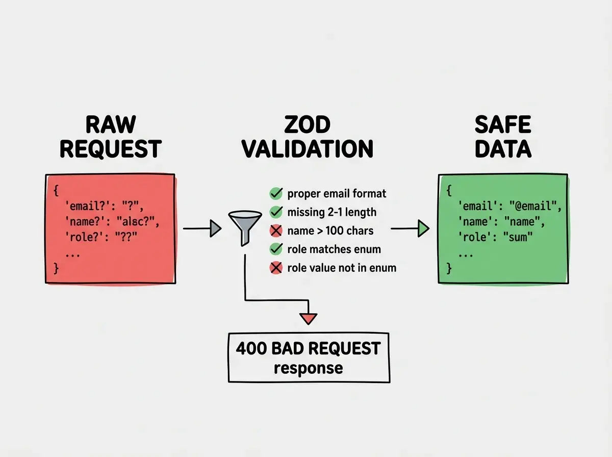 EXPLAINER DIAGRAM: A horizontal flow showing three stages of API request processing. Stage 1 labeled RAW REQUEST shows a red box containing unvalidated JSON with fields like email, name, and role with question marks. An arrow points right to Stage 2 labeled ZOD VALIDATION showing a filter icon with green checkmarks next to valid fields (proper email format, name within length limits, role matching enum) and red X marks next to invalid fields (missing email, name exceeding 100 chars, role value not in enum). Another arrow points right to Stage 3 labeled SAFE DATA showing a green box with validated and typed data ready for database operations. Below the flow, a rejected path branches down from Stage 2 to a 400 BAD REQUEST response box.