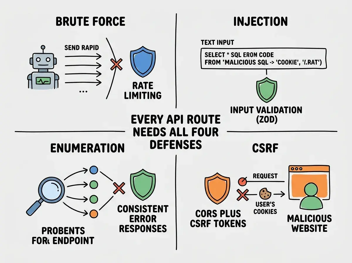 EXPLAINER DIAGRAM: A four-quadrant grid showing common API attacks and their defenses. Top-left quadrant labeled BRUTE FORCE shows a robot icon sending rapid requests with a shield icon labeled RATE LIMITING blocking them. Top-right quadrant labeled INJECTION shows a text input containing malicious SQL code with a shield labeled INPUT VALIDATION (ZOD) blocking it. Bottom-left quadrant labeled ENUMERATION shows a magnifying glass probing different endpoints with a shield labeled CONSISTENT ERROR RESPONSES blocking information leaks. Bottom-right quadrant labeled CSRF shows a malicious website trying to use a user's cookies with a shield labeled CORS PLUS CSRF TOKENS blocking the cross-origin request. Center text reads EVERY API ROUTE NEEDS ALL FOUR DEFENSES.